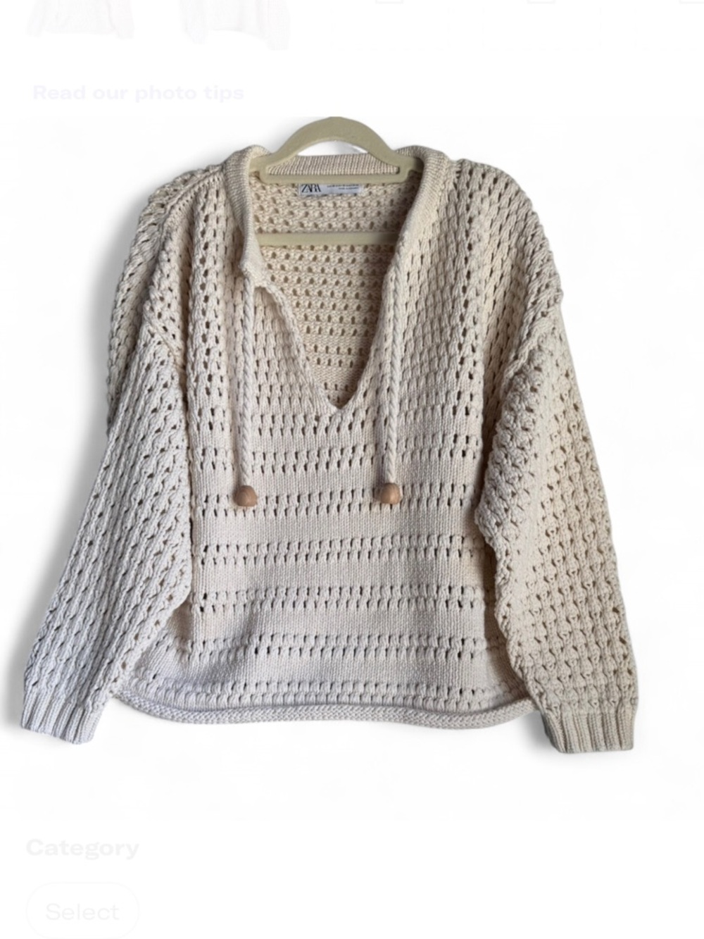 Zara Beige Crochet V-Neck Tassel Sweater